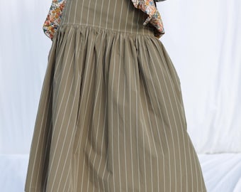 Striped Yoke Ruffle Organic Cotton Skirt BRIGIT• Double Layered Yoke Midi Skirt Women • Hand Ruffled Mid Calf Cotton Skirt