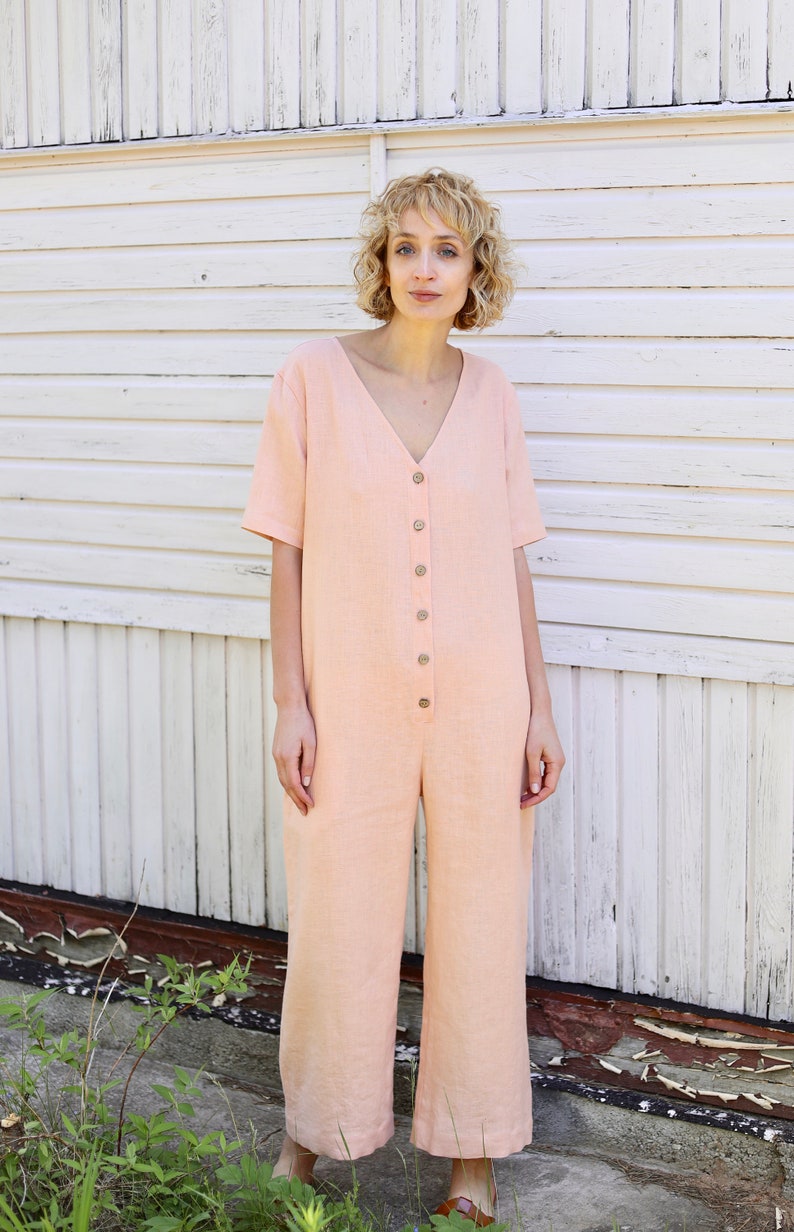 Linen maternity jumpsuit / Wide leg linen jumpsuit in almost apricot color/OFFON CLOTHING image 2