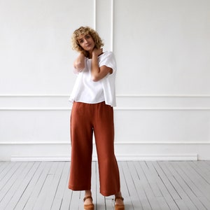 Wide leg linen culottes in redwood/OFFON CLOTHING image 4