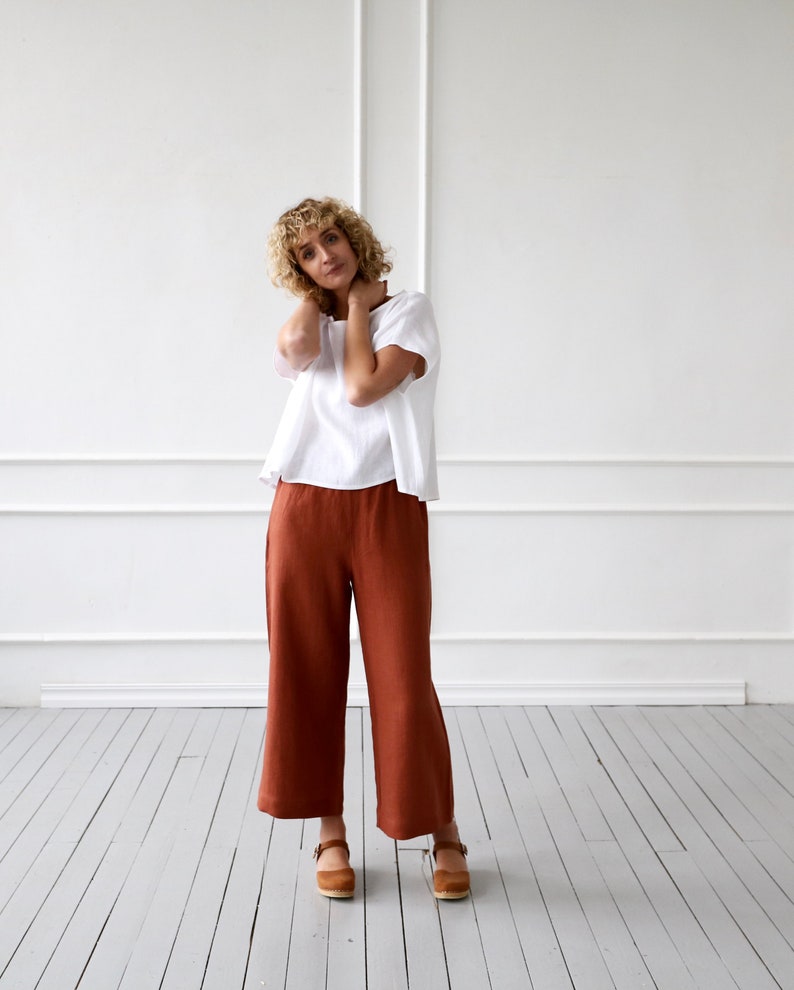 Wide leg linen culottes in redwood/OFFON CLOTHING image 4