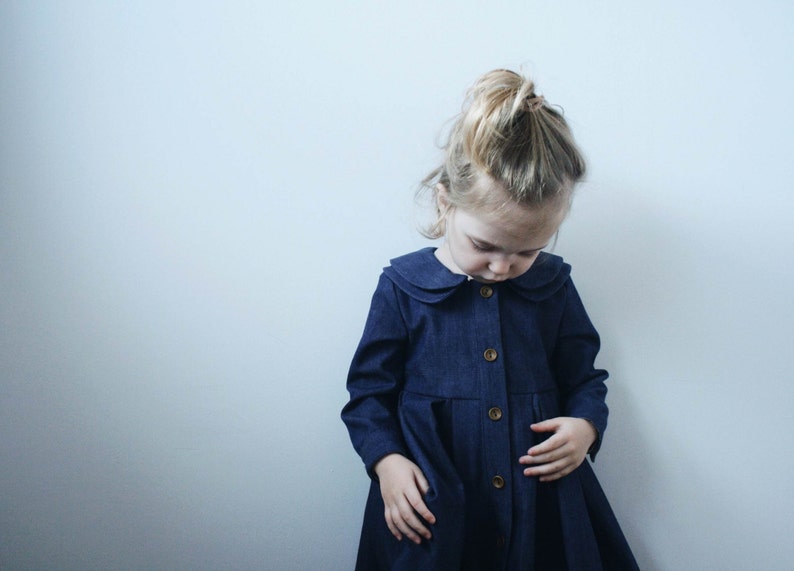 Girls Denim Dress Girls Long Sleeved Handmade Dress Indigo Denim Dress Handmade by OFFON Clothing image 3