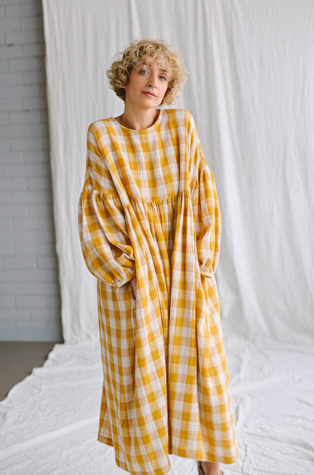 Mustard Checks Oversized Double Gauze Dress GRETA • OFFON CLOTHING