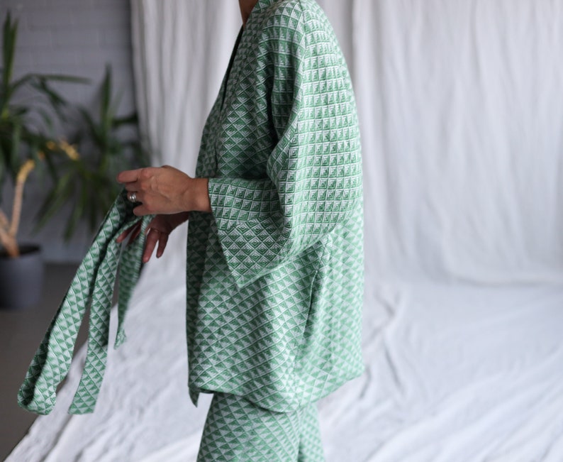 Jacquard linen geometric pattern kimono style jacket / OFFON CLOTHING image 7