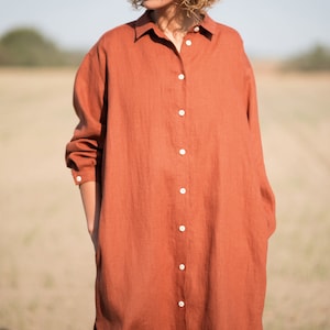 Linen oversized shirt dress / Long sleeve linen shirt dress in redwood / OFFON CLOTHING image 7