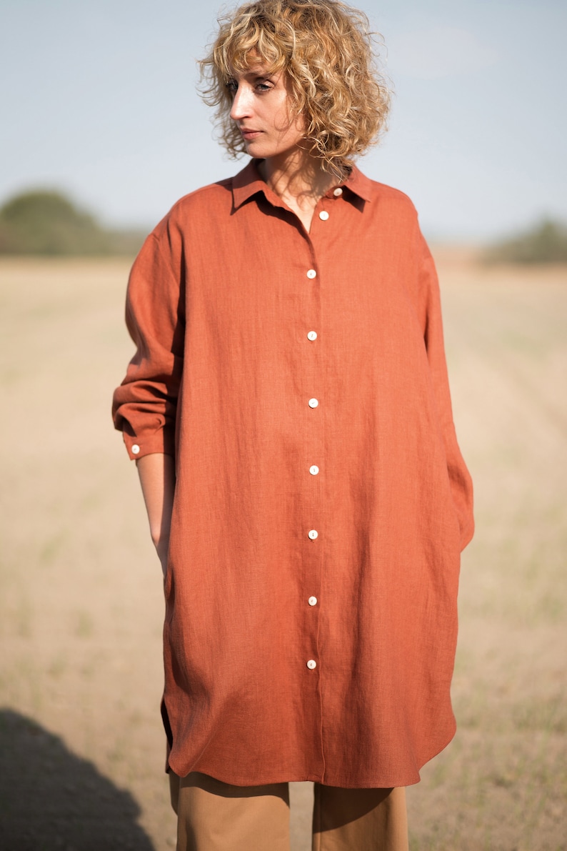 Linen oversized shirt dress / Long sleeve linen shirt dress in redwood / OFFON CLOTHING image 7