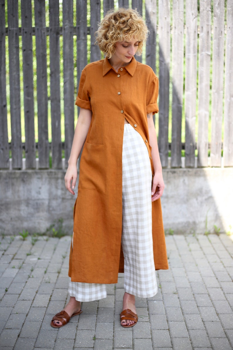 Oversize linen shirt dress in meerkat color / Handmade by OFFON CLOTHING image 5