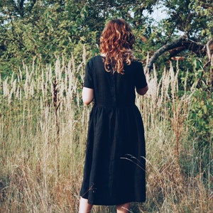 Black Linen Short Sleeve High Waist Dress / Handmade by OFFON Clothing image 4