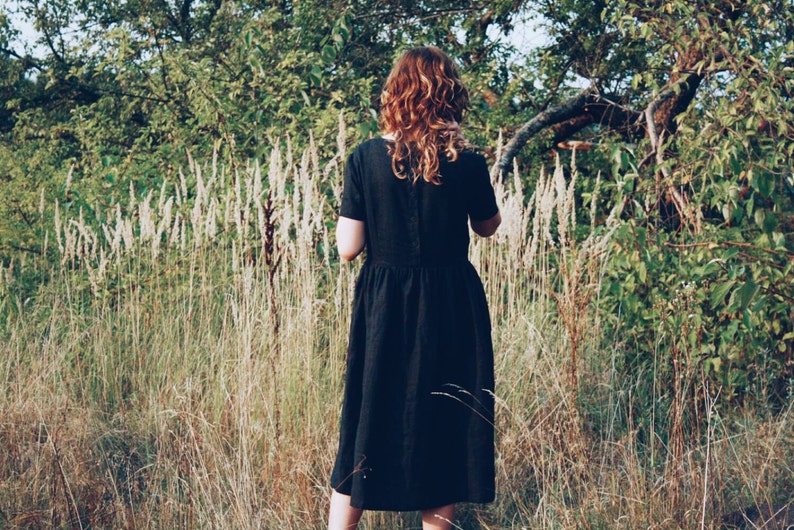 Black Linen Short Sleeve High Waist Dress / Handmade by OFFON Clothing image 4