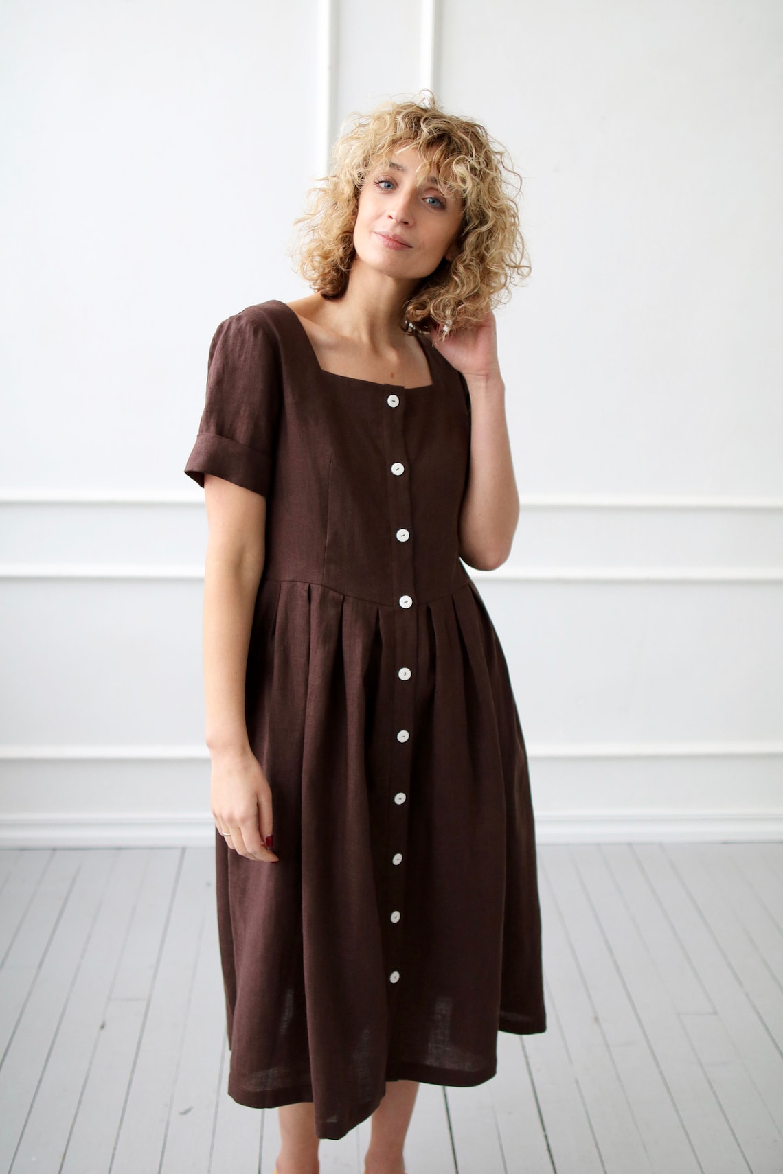 Linen dress in chocolate brown color / OFFON Clothing | Etsy