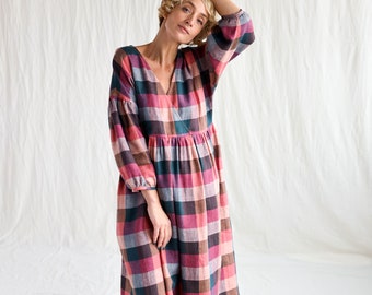 Linen V-neck puffy sleeve dress in checks • OFFON CLOTHING