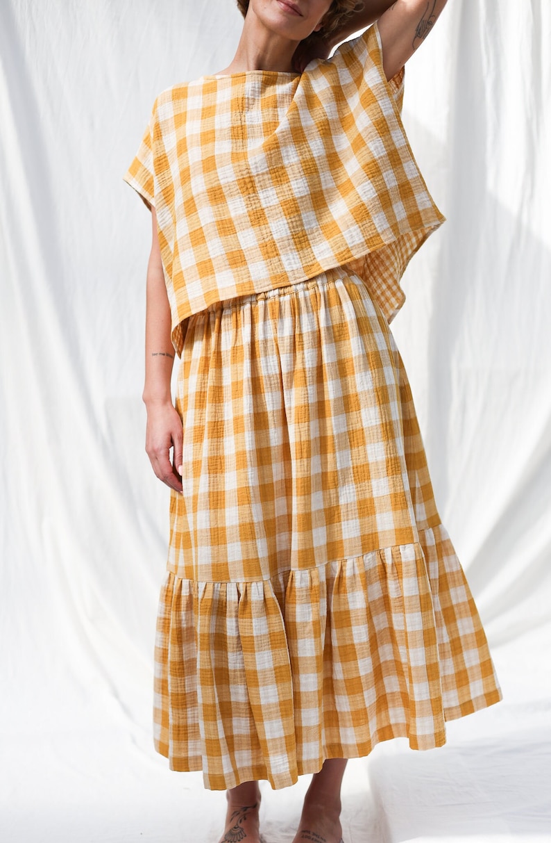 Double gauze mustard checks skirt with elastic waistband OFFON CLOTHING image 1