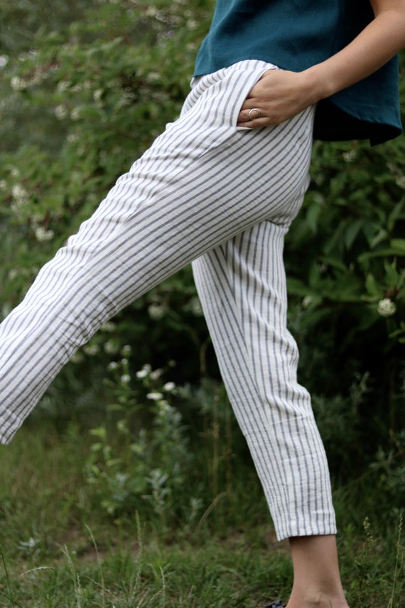 Cropped Linen Pants in Stripes / Linen Trousers / Classic Women