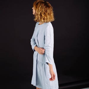 Smock Linen Dress Long Sleeve Linen Dress Loose Linen Dress In Sky Blue Handmade by OFFON image 4