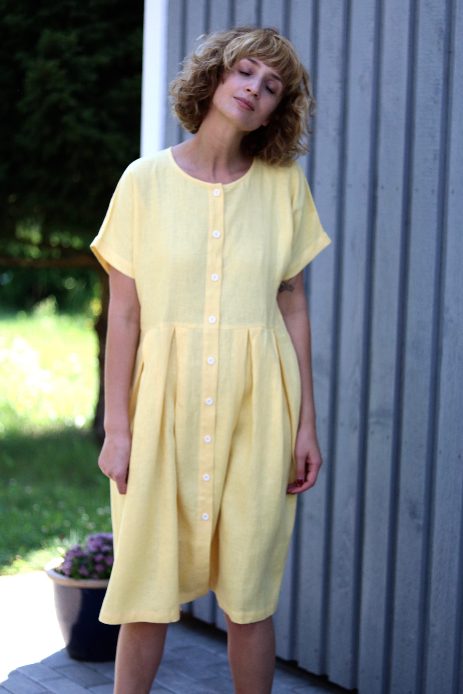 Button up Linen Dress / Linen Dress / Yellow Linen Summer - Etsy