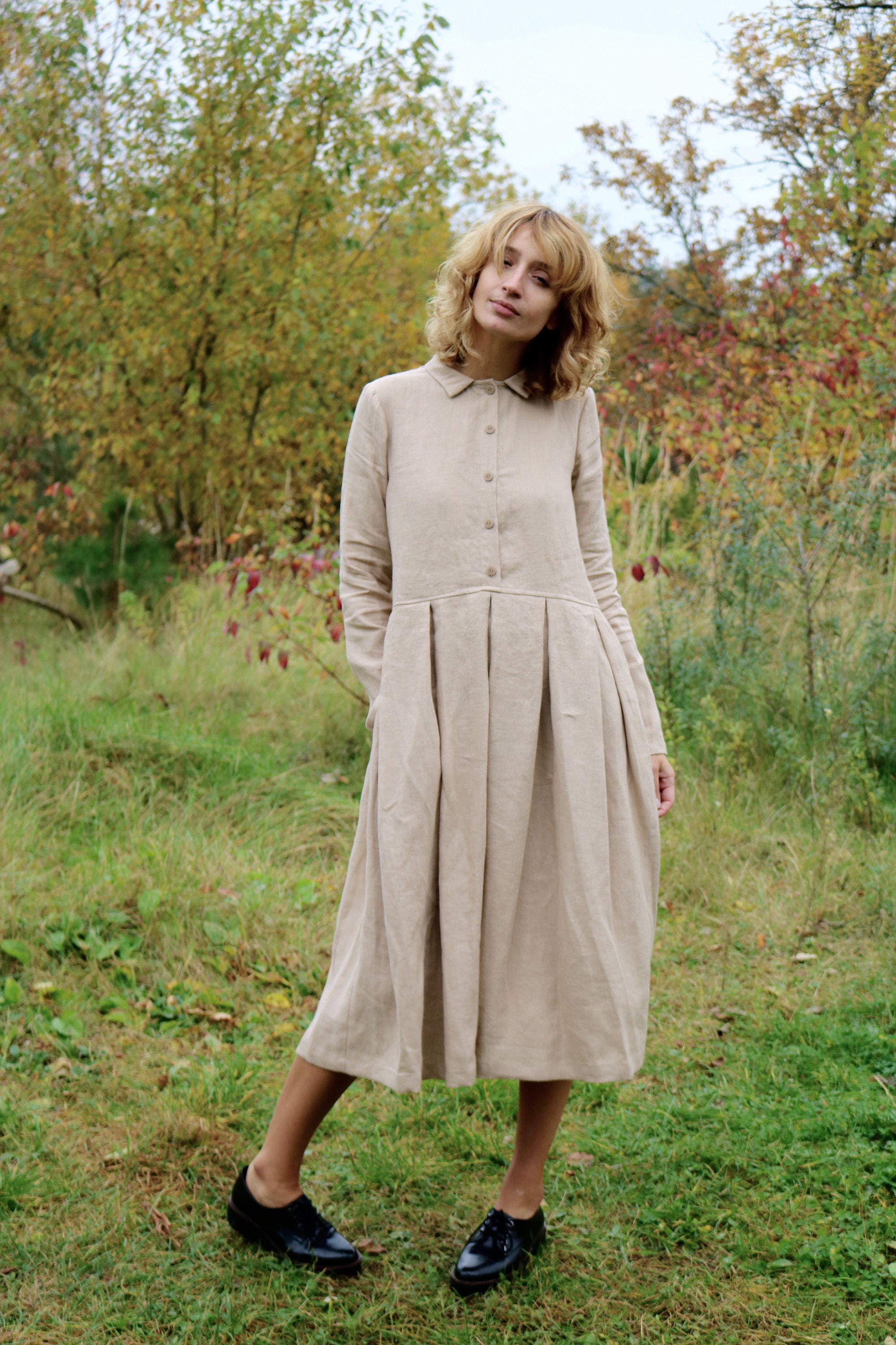 Linen Maxi Dress in Beige Long Sleeved ...