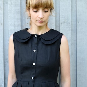 Linen Sleeveless Dress Black Linen Dress Double Collar Dress Full Pleated Skirt Dress Handmade by OffOn image 5