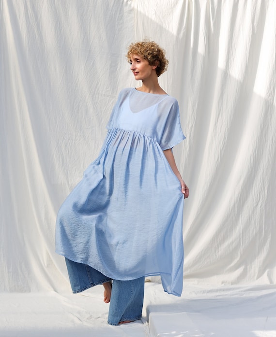 Light blue viscose organza oversized dress SILVINA * OFFON CLOTHING