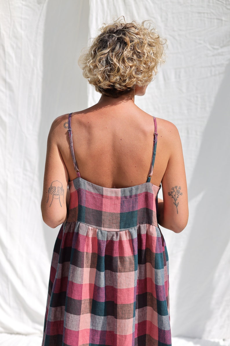 Adjustable straps checks linen dress ELOISE / OFFON Clothing image 7