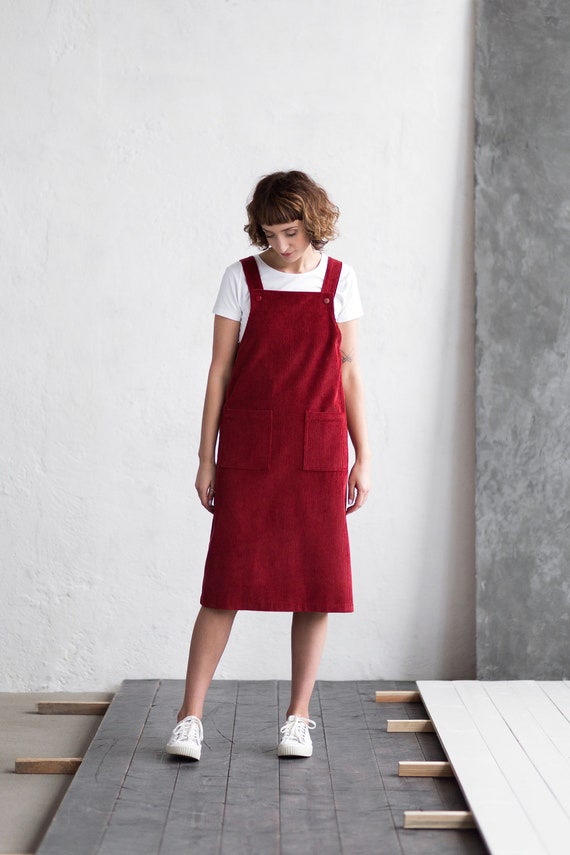 red corduroy dungaree dress