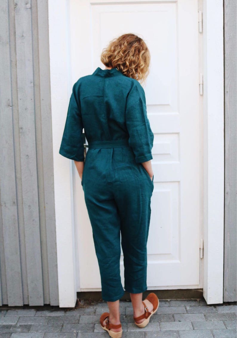 Linen Jumpsuit In Turquoise / Women Overall / OFFON CLOTHING image 3