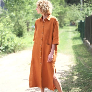 Oversize linen shirt dress in meerkat color / Handmade by OFFON CLOTHING image 7