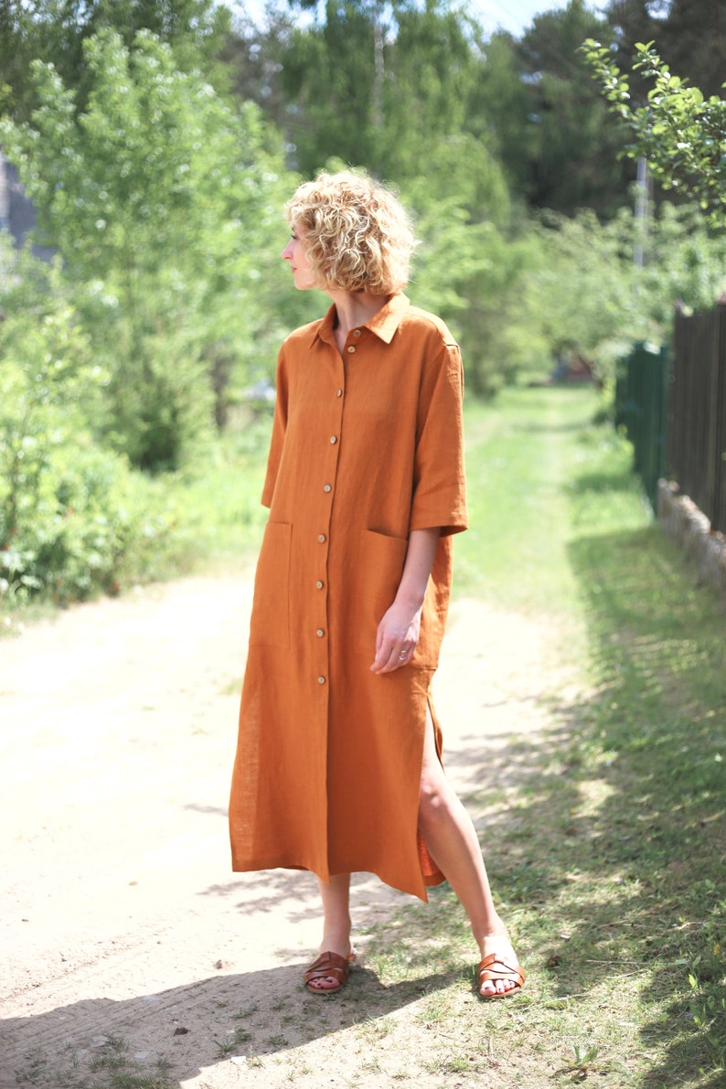 Oversize linen shirt dress in meerkat color / Handmade by OFFON CLOTHING image 7