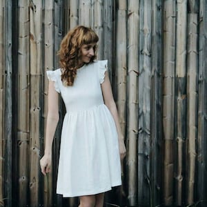 White Linen Dress Linen Frill Sleeves Dress Handmade by OFFON image 2