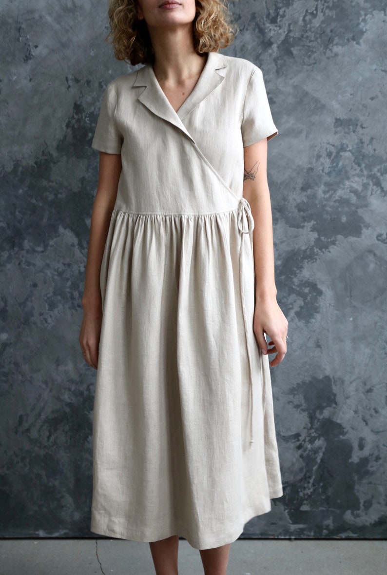 Ready to ship/Linen wrap dress/Belted linen short sleeve dress/OFFON CLOTHING image 6