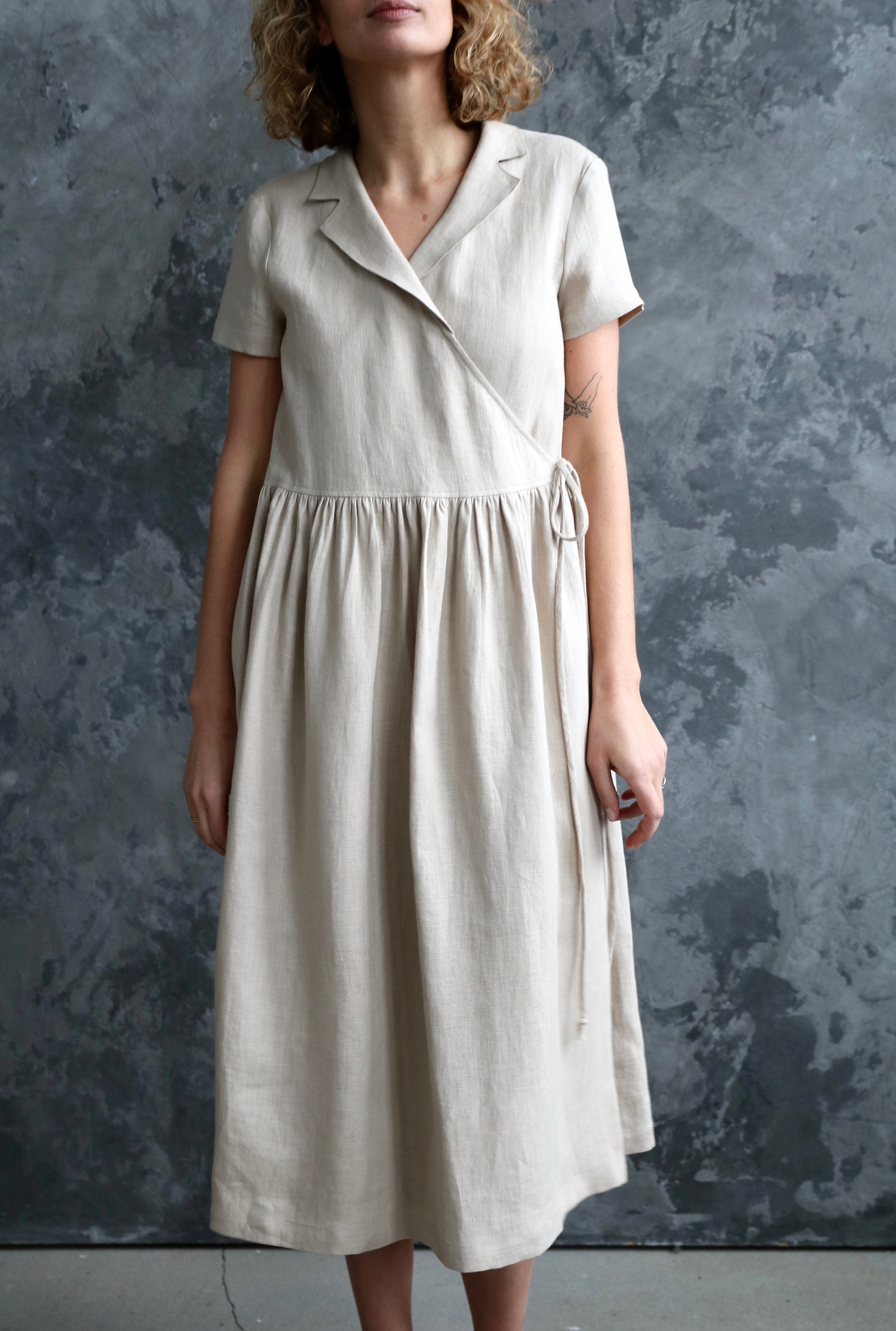 Linen Wrap Dress in Beige/belted Linen Short Sleeve | Etsy UK