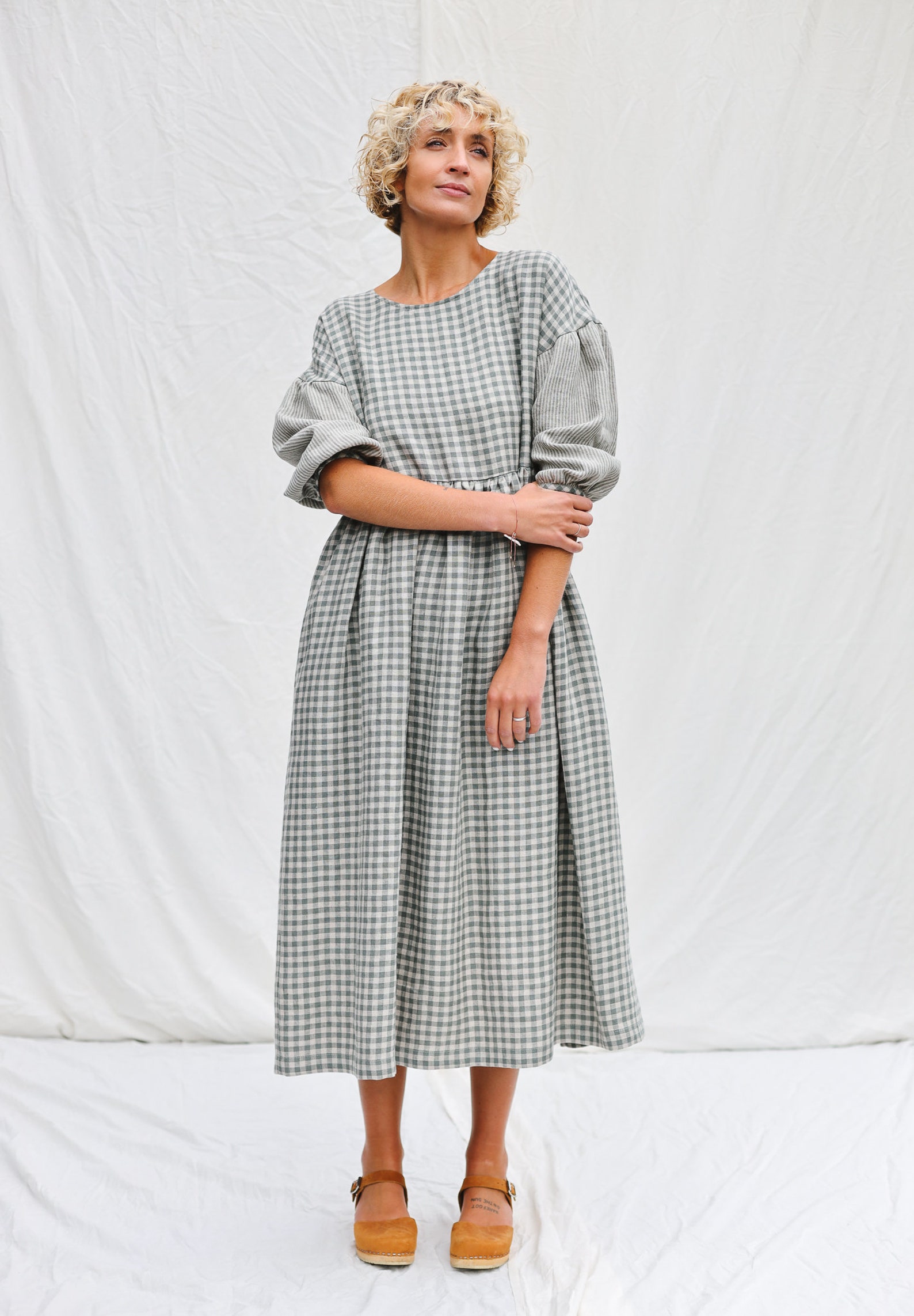 Gingham Linen Dress With Contrasting Striped Puffy Sleeves - Etsy
