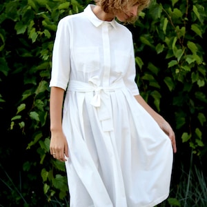 White Cotton Shirt Dress / Pleated Skirt Dress / OFFON CLOTHING image 3