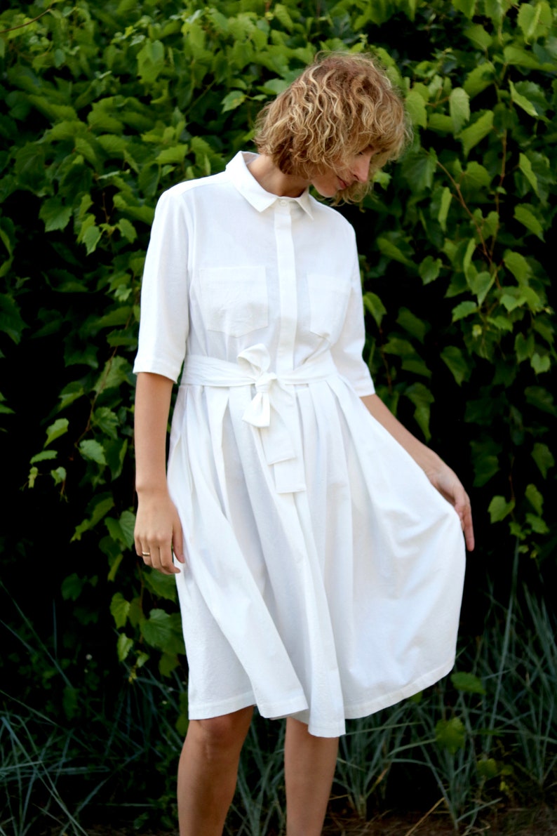 White Cotton Shirt Dress / Pleated Skirt Dress / OFFON CLOTHING image 3