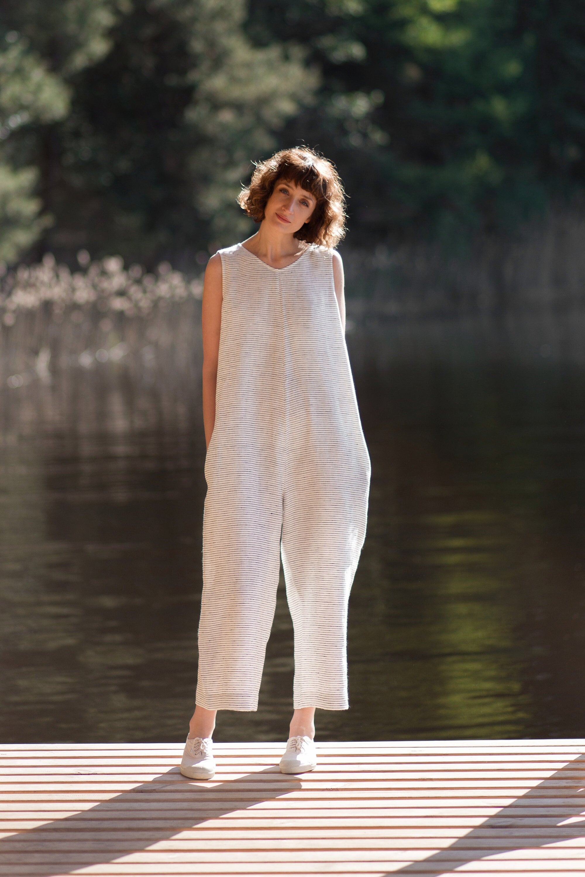 Maternity Linen Oversize Wide Leg Jumpsuit In Pinstripes / Handmade by OFFON