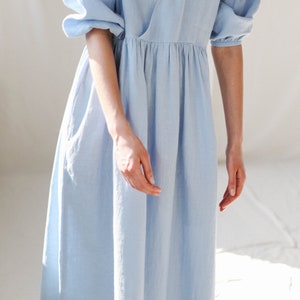 Linen V-neck puffy sleeve dress / OFFON CLOTHING image 2