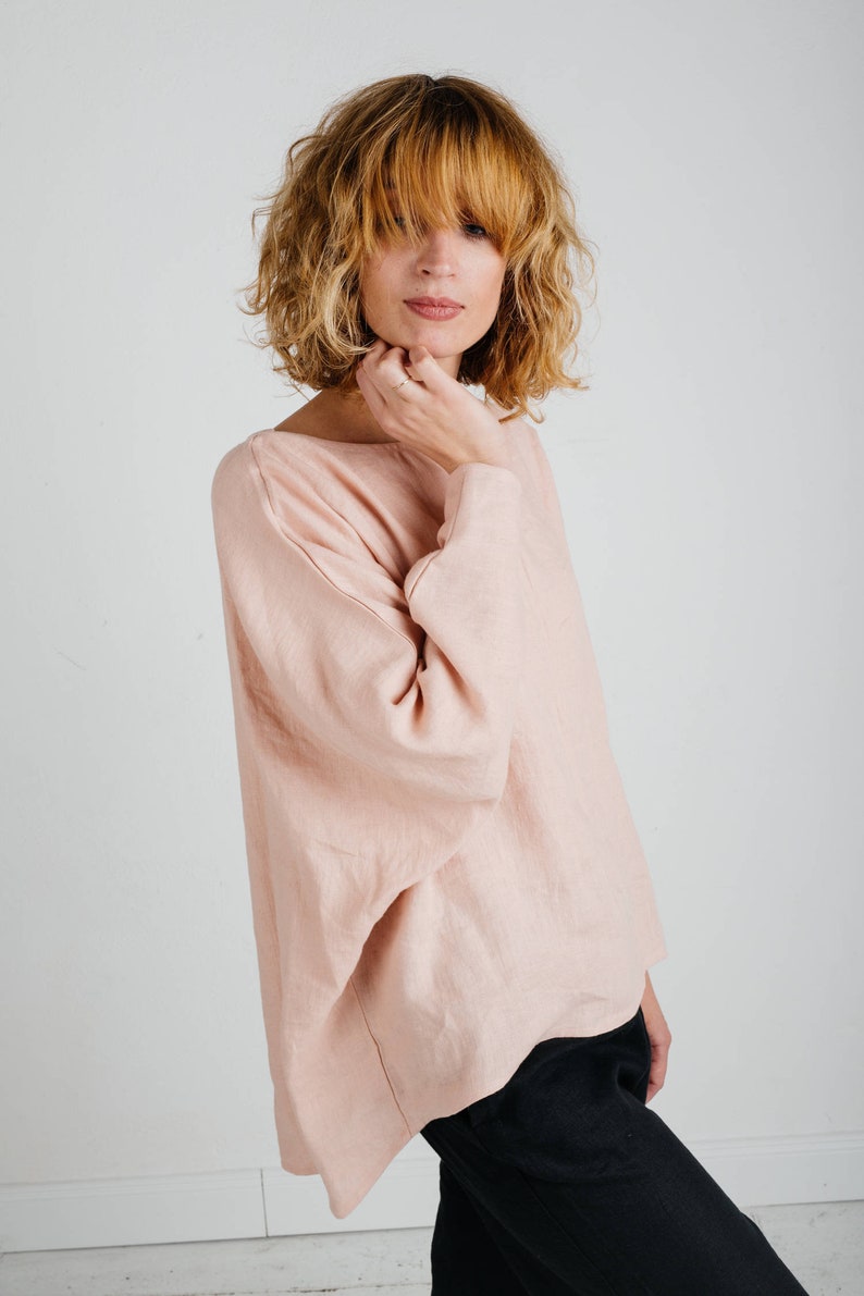 Linen loose fitting blouse / Long sleeve linen top / Handmade by OFFON