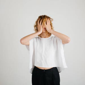 Linen Top White Linen Oversize Fit Top Cropped Hem Top Handmade by OFFON image 2