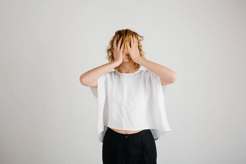 Linen Top White Linen Oversize Fit Top Cropped Hem Top Handmade by OFFON image 2