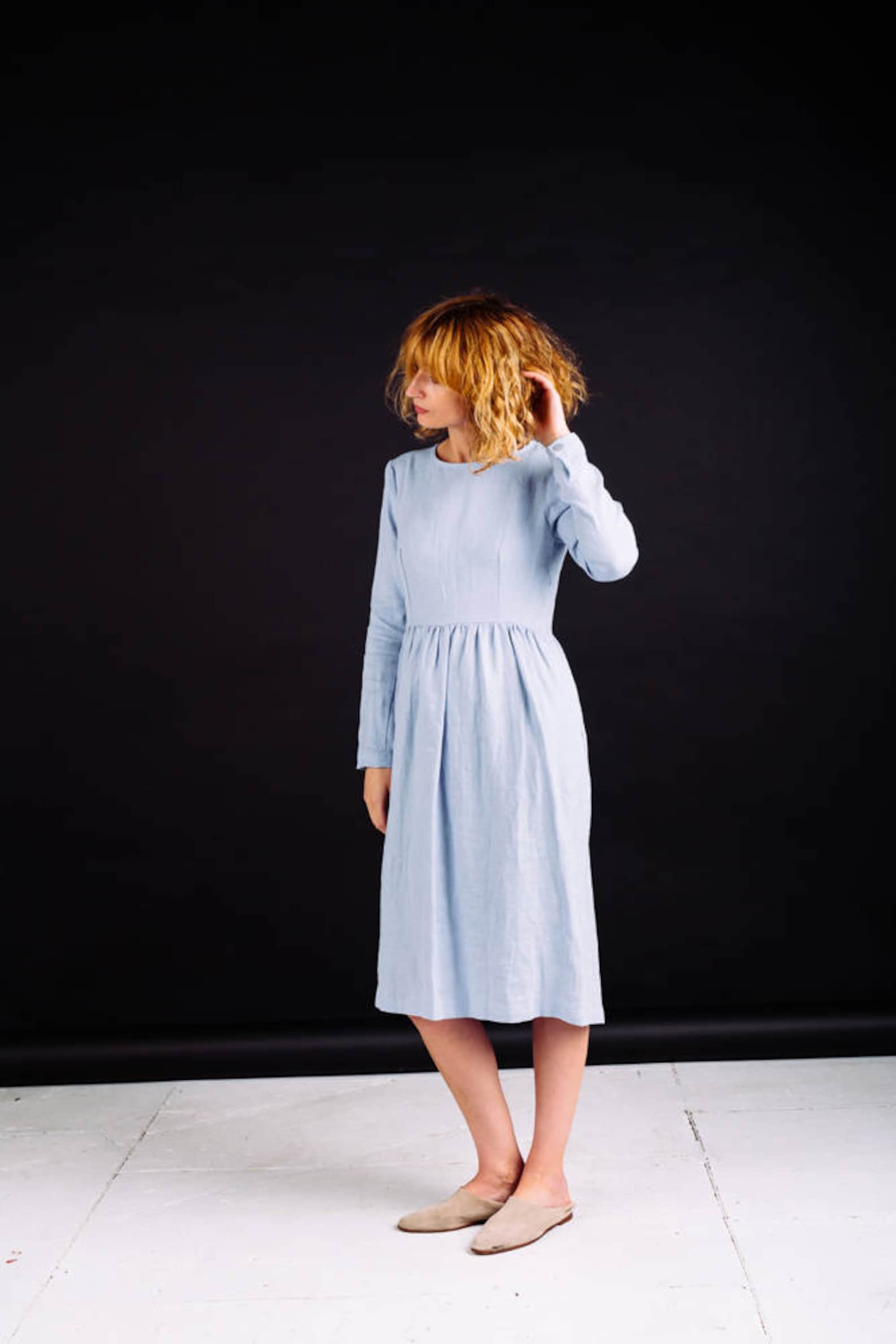 Linen Puffy Sleeve Dress in Sky Blue