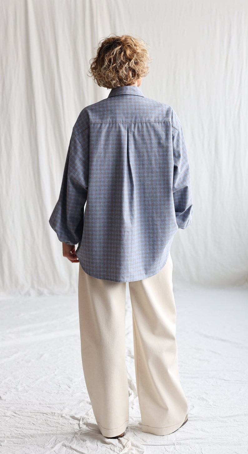 Light blue brushed plaid cotton oversized shirt ELIAN OFFON CLOTHING image 6