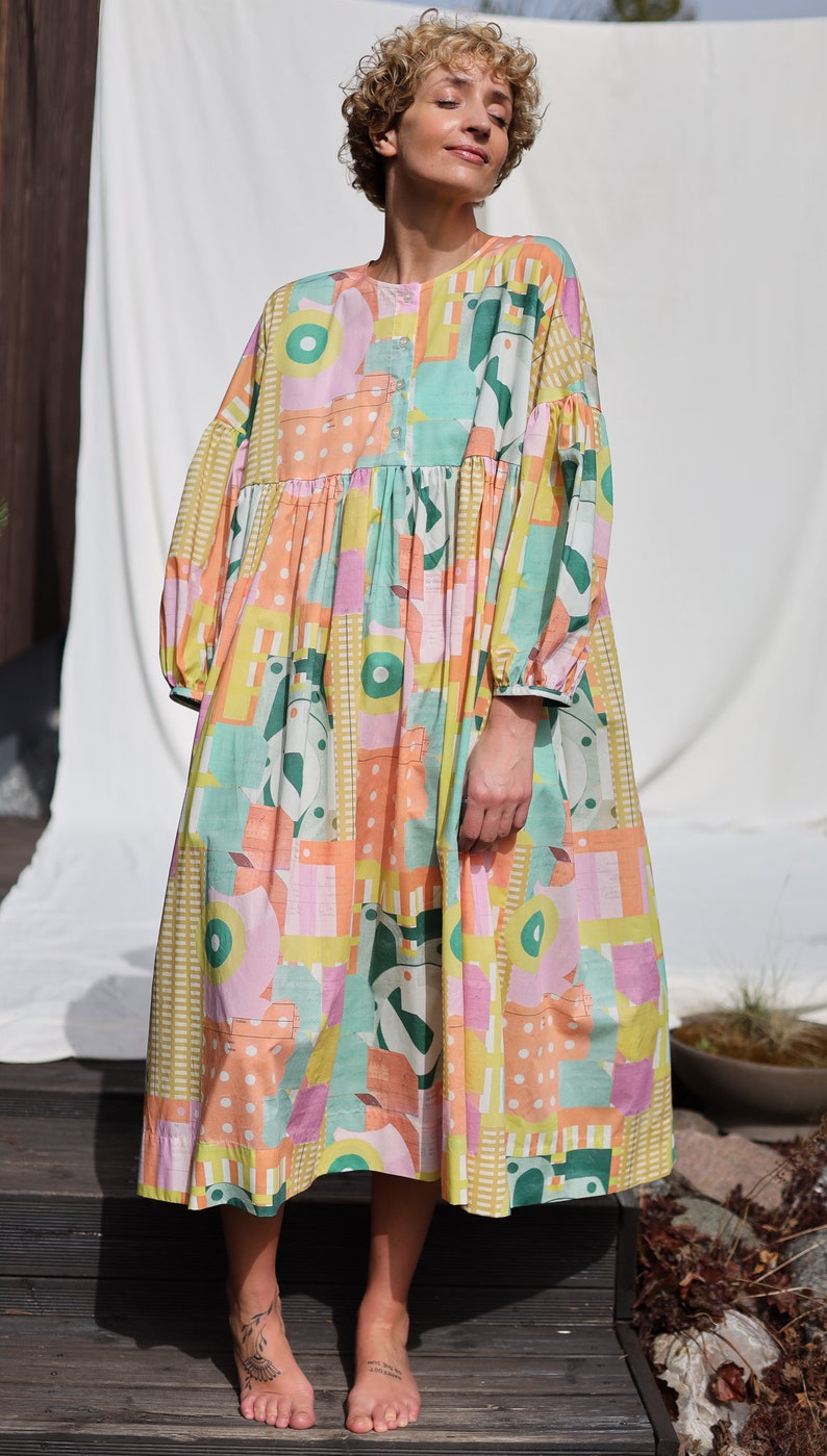 Oversized voluminous sleeves abstract print silky cotton dress GRETA OFFON CLOTHING zdjęcie 10