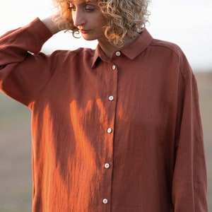 Linen oversized shirt dress / Long sleeve linen shirt dress in redwood / OFFON CLOTHING image 5