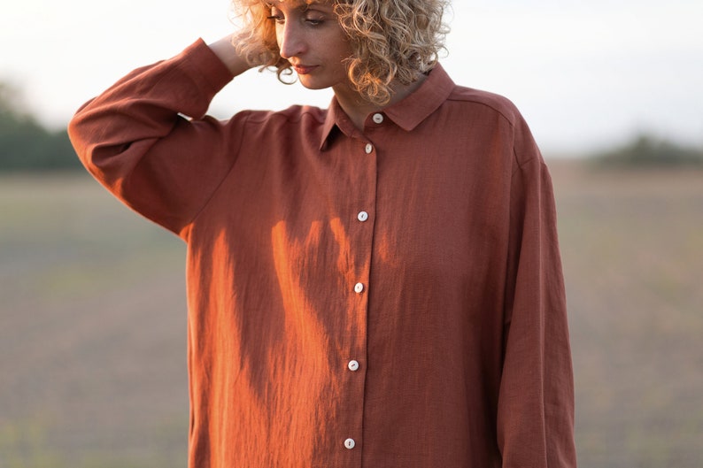 Linen oversized shirt dress / Long sleeve linen shirt dress in redwood / OFFON CLOTHING image 5