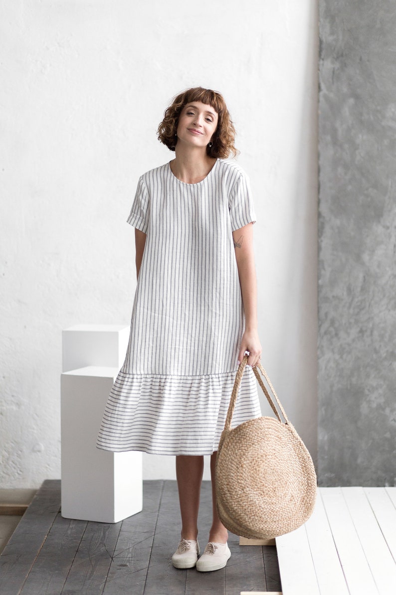 Striped linen dress / Loose linen dress / Short sleeve linen dress Handmade by OFFON CLOTHING image 2
