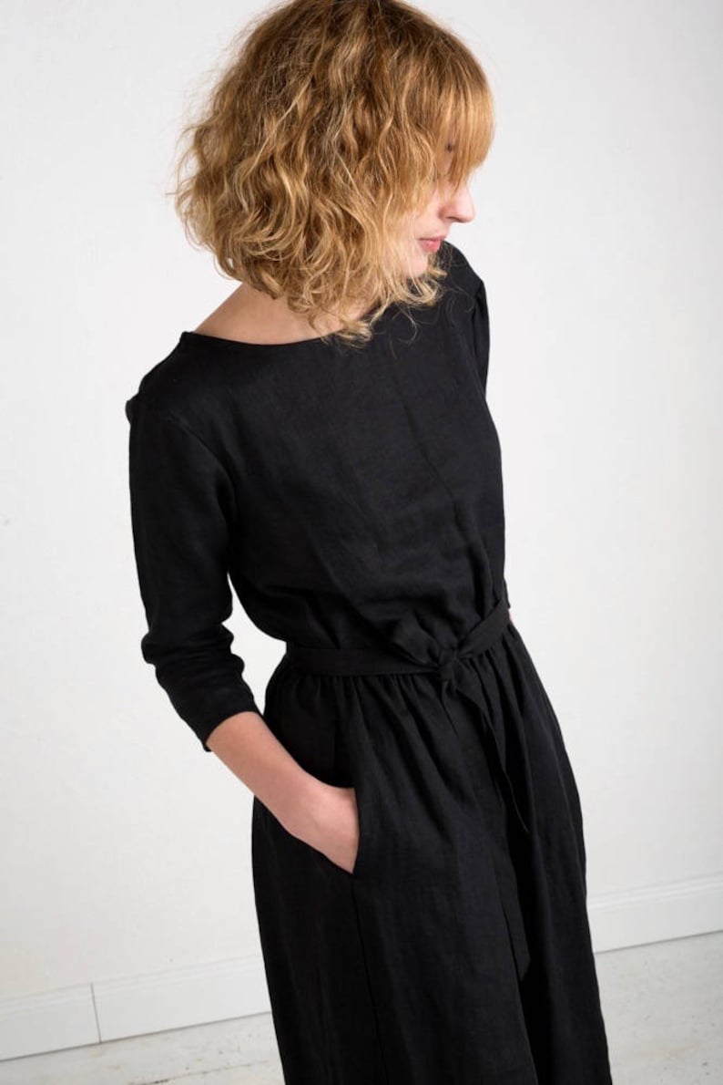 Black Linen Tie Belt Dress Linen Dress In Black Available in 44 colors Handmade by OFFON image 5