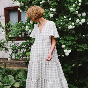 Maternity Tiered Maxi linen check dress - Handmade by OFFON Clothing