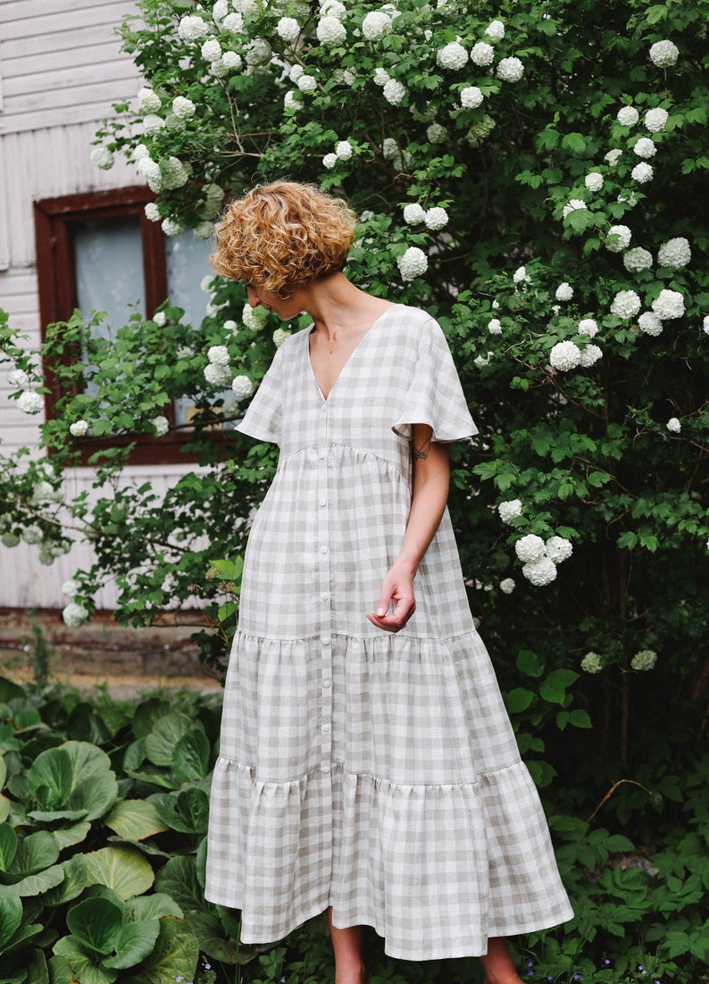 Get a gorgeous California modern farmhouse look with a tiered Maxi linen check dress handmade by OFFON Clothing.