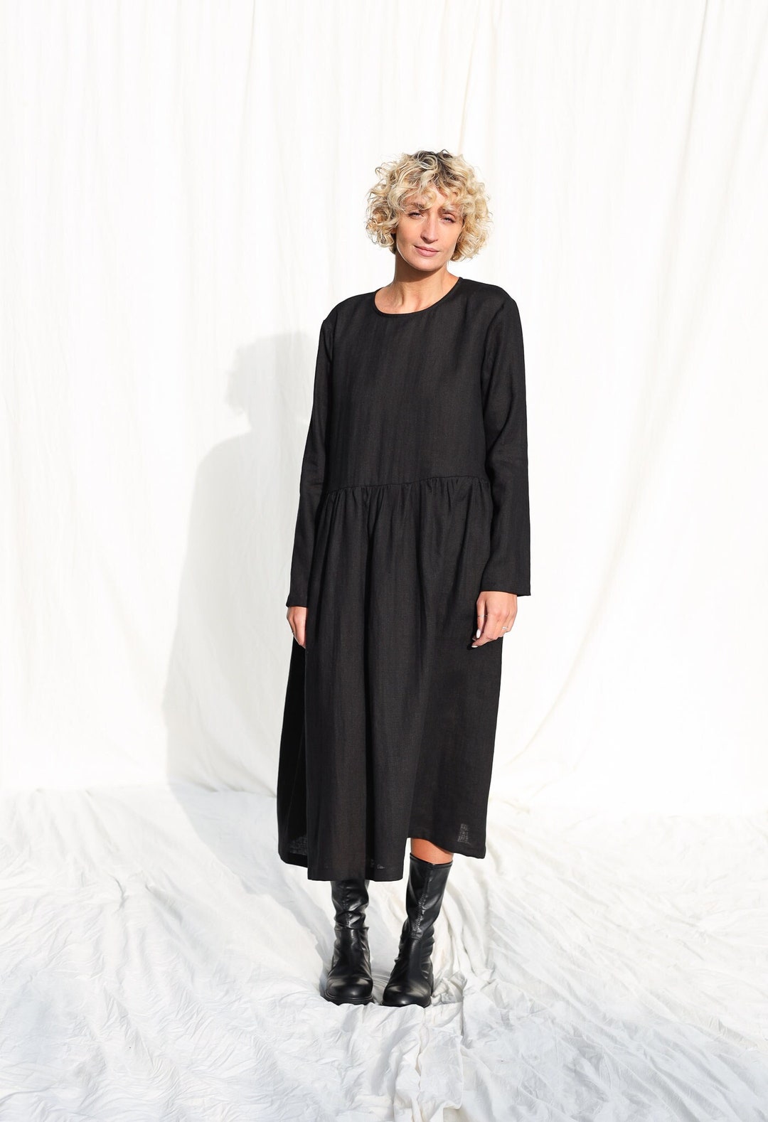 Black Linen Loose Fit Smock Dress MILANA OFFON CLOTHING - Etsy