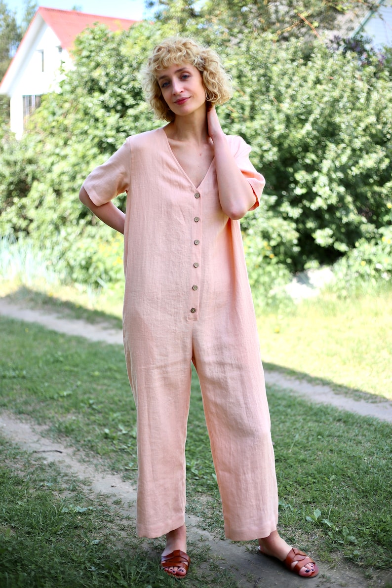 Linen maternity jumpsuit / Wide leg linen jumpsuit in almost apricot color/OFFON CLOTHING image 7