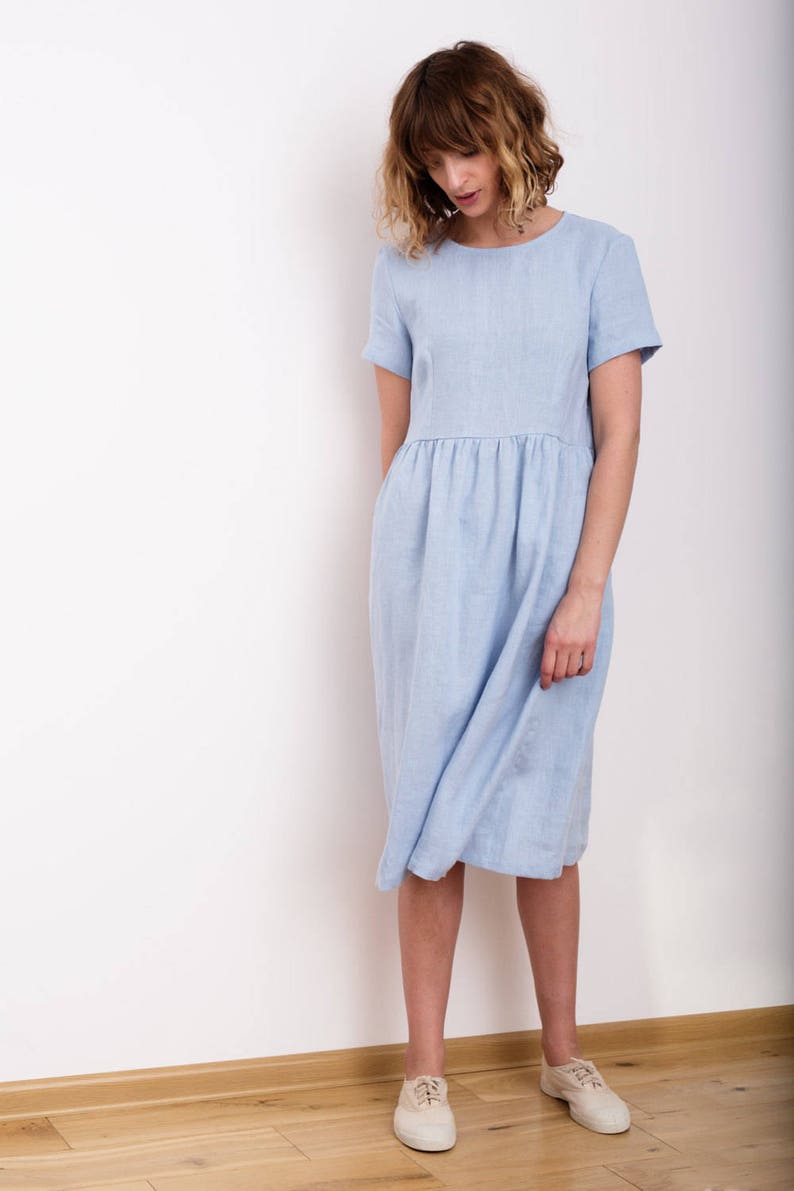 Linen Loose Dress In Sky Blue Short Sleeved Linen Summer Dress Linen High Waist Dress Handmade by OFFON image 2