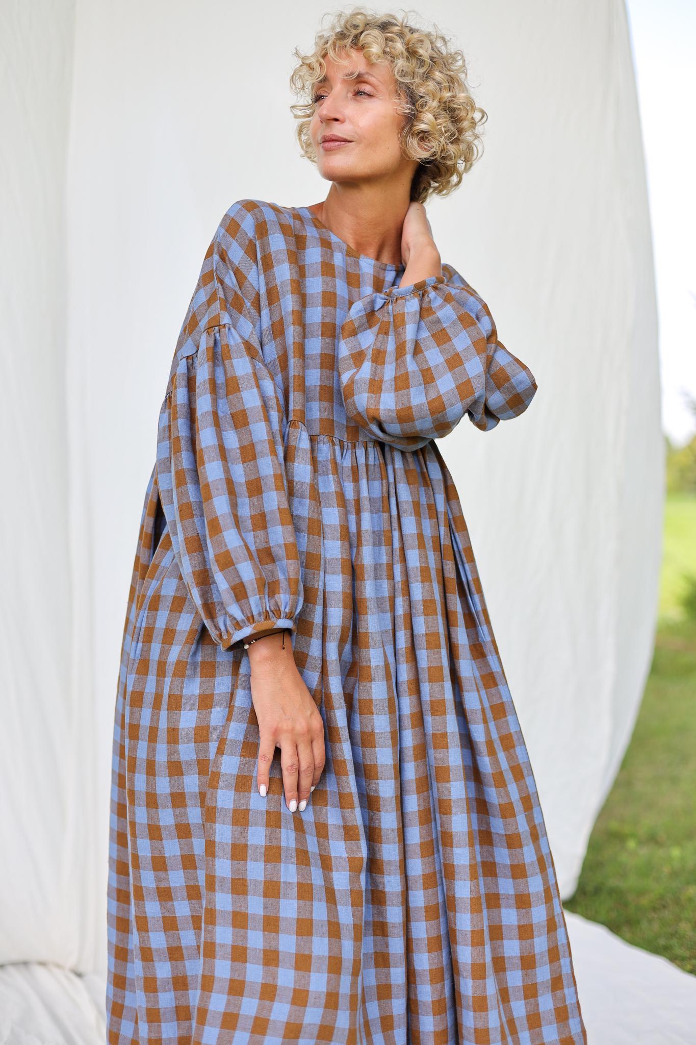 Oversized Linen Dress GRETA in Bluebonnet Checks - Handmade by